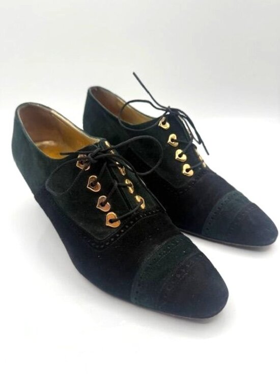 Escada Shoes - Vintage Escada Womens Hunter Green/Black Suede Heart Detail Lace Up Heels Size 8